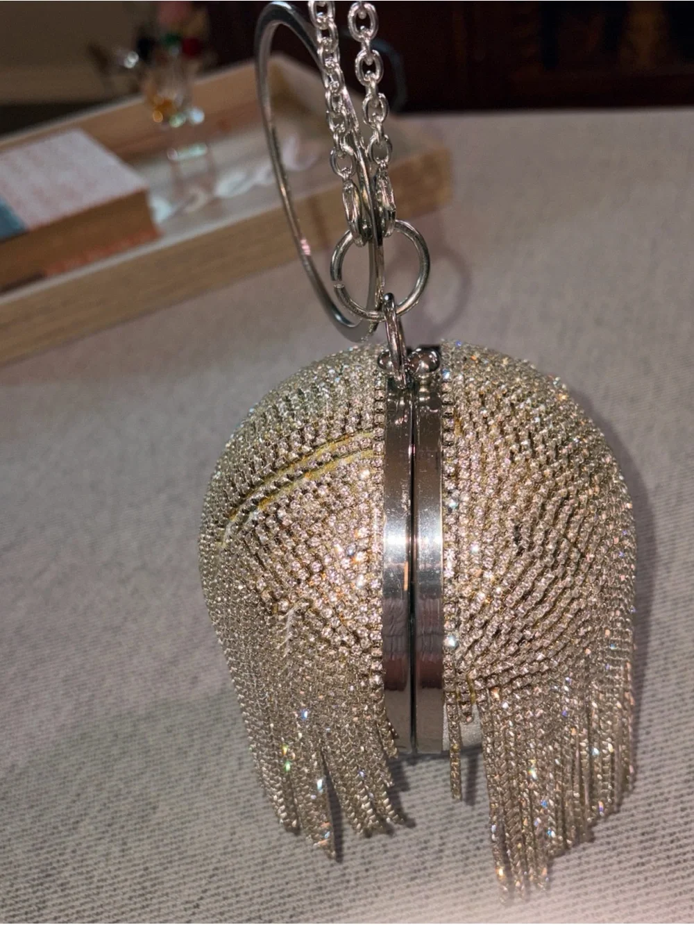 Silver Crystal Fringe Wristlet Clutch with Metal Bangle